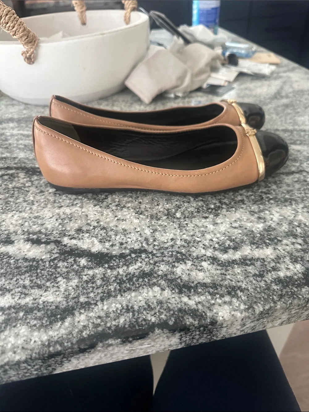 Tory Burch Two-Tone Tan and Black Cap-Toe Flats with Gold Accent